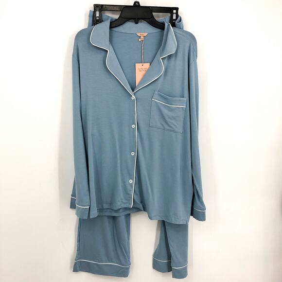 EBERJEY Gisele Long PJ Set Medium Blue White TENCEL Modal Stretch NWT - Picture 4 of 12